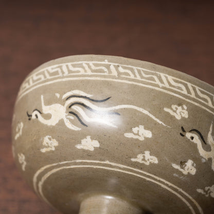 Goryeo Celadon Stem Cup with Inlaid Cloud Dragon Phoenix Design