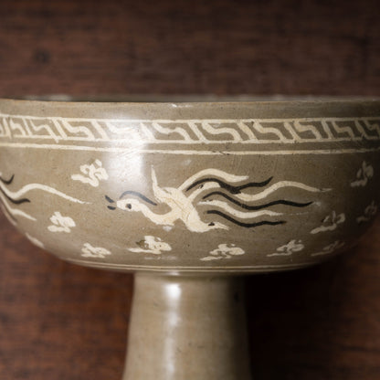 Goryeo Celadon Stem Cup with Inlaid Cloud Dragon Phoenix Design