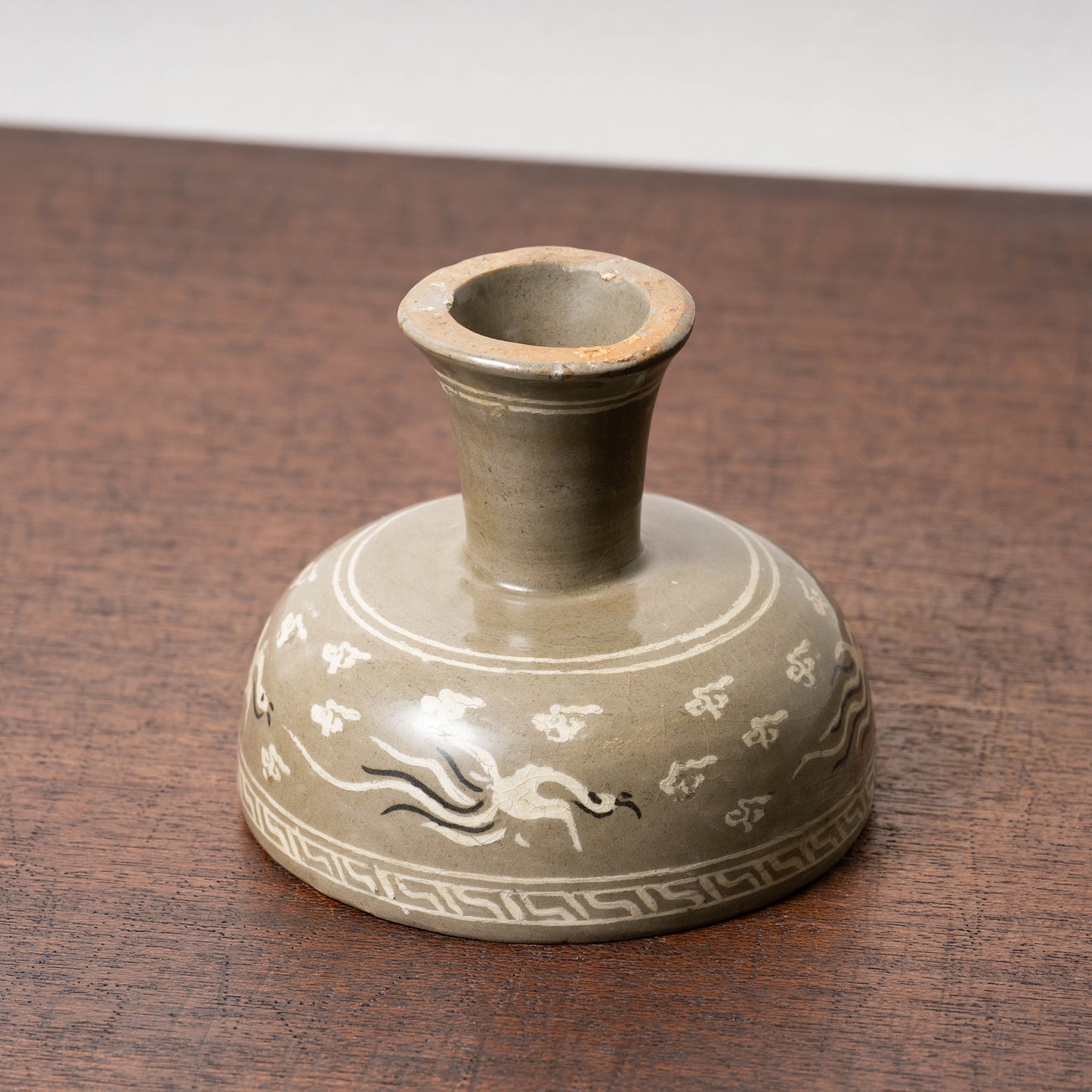 Goryeo Celadon Stem Cup with Inlaid Cloud Dragon Phoenix Design