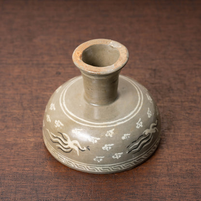 Goryeo Celadon Stem Cup with Inlaid Cloud Dragon Phoenix Design