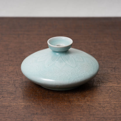 Goryeo Celadon Oil Pot with Carved Lotus Design