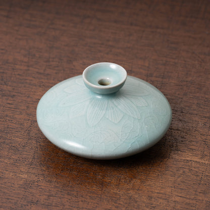 Goryeo Celadon Oil Pot with Carved Lotus Design