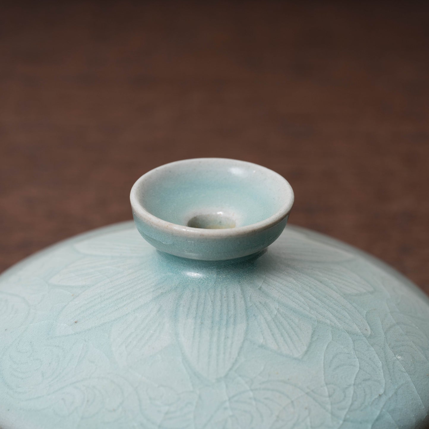 Goryeo Celadon Oil Pot with Carved Lotus Design