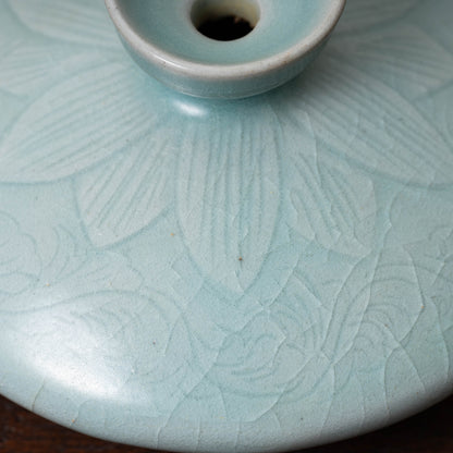 Goryeo Celadon Oil Pot with Carved Lotus Design