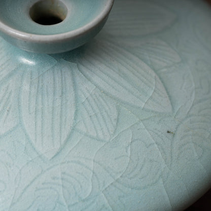 Goryeo Celadon Oil Pot with Carved Lotus Design