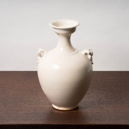唐代 邢州窯 白磁盤口双耳瓶「大盈」銘