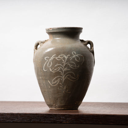 高麗 青磁象嵌草花文獣耳扁壺