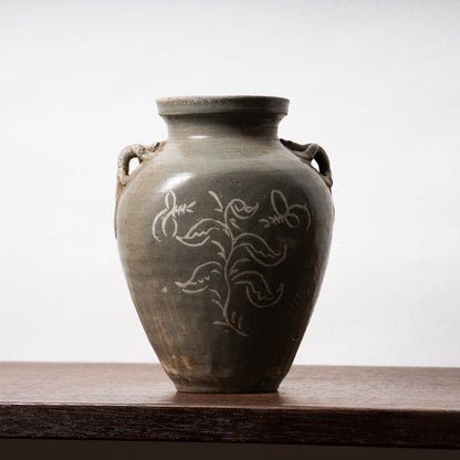 高麗 青磁象嵌草花文獣耳扁壺
