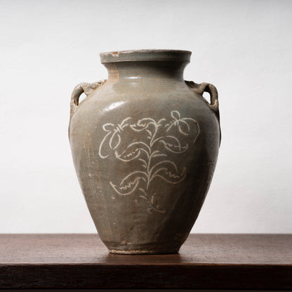 高麗 青磁象嵌草花文獣耳扁壺