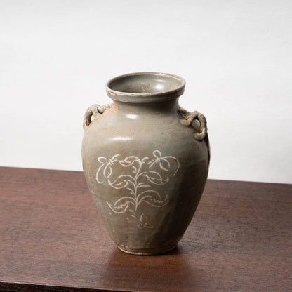 高麗 青磁象嵌草花文獣耳扁壺