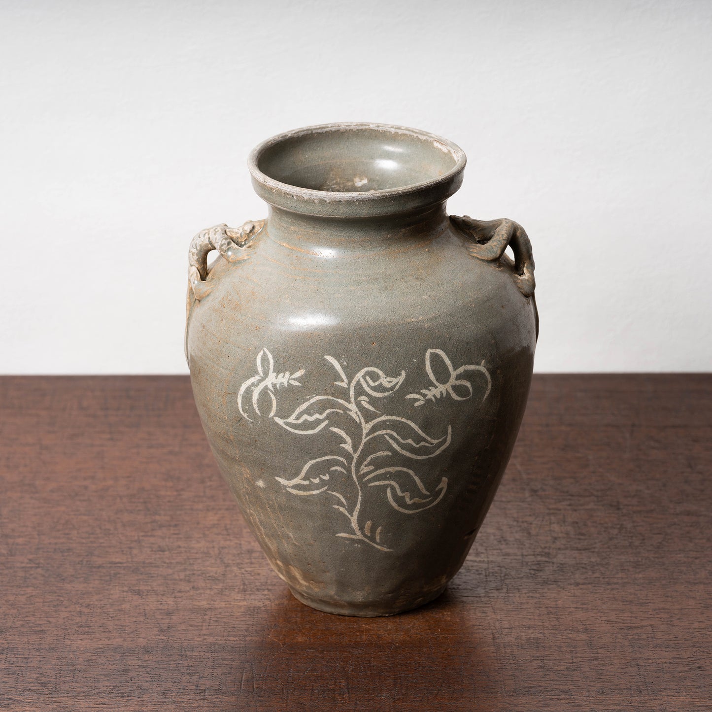 高麗 青磁象嵌草花文獣耳扁壺