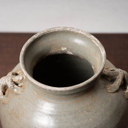 高麗 青磁象嵌草花文獣耳扁壺