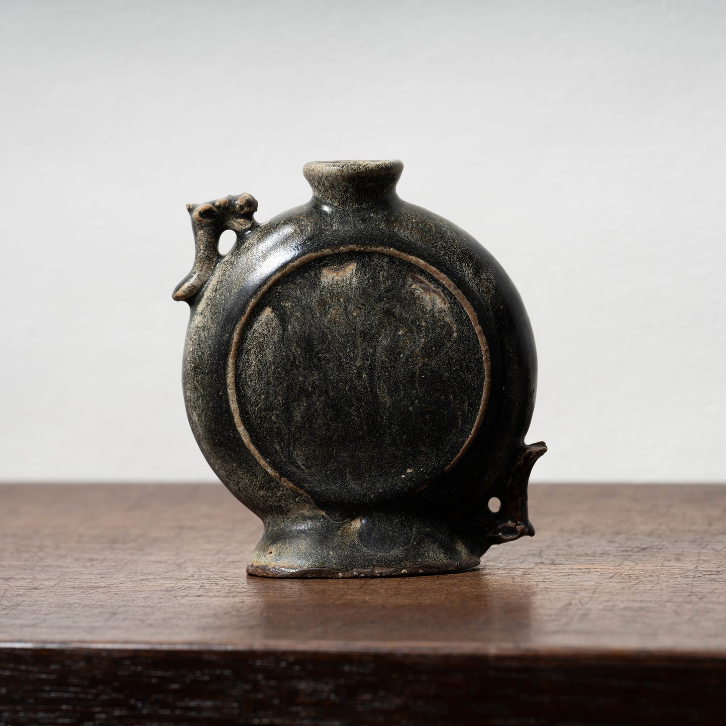 Goryeo Black Glazed Flat Jar with Dragon Handles
