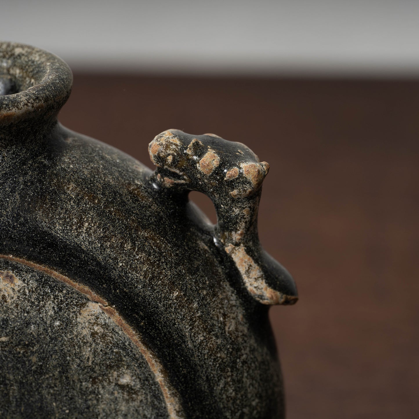 Goryeo Black Glazed Flat Jar with Dragon Handles