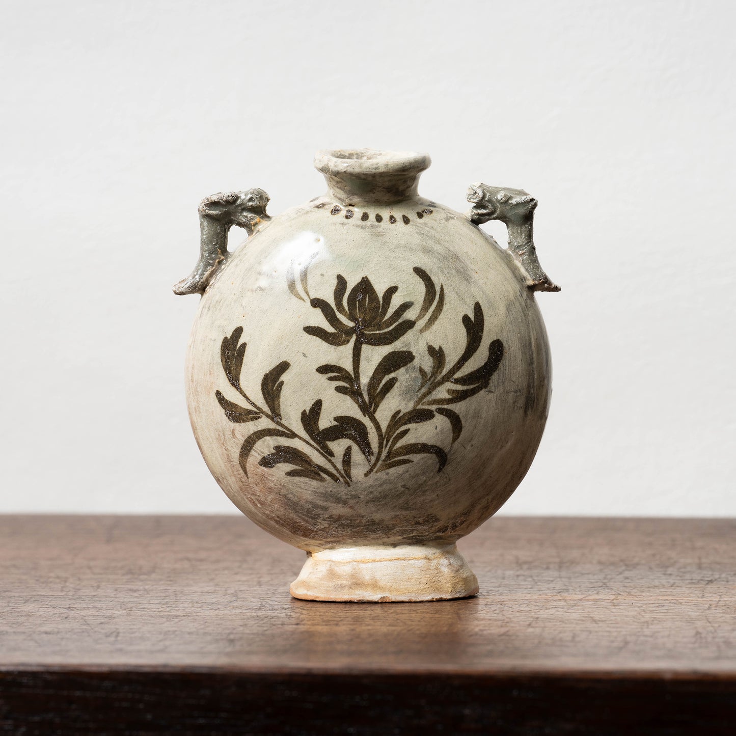 Joseon Dynasty Buncheong Ware Flat Jar with Iron Painted Peony Design