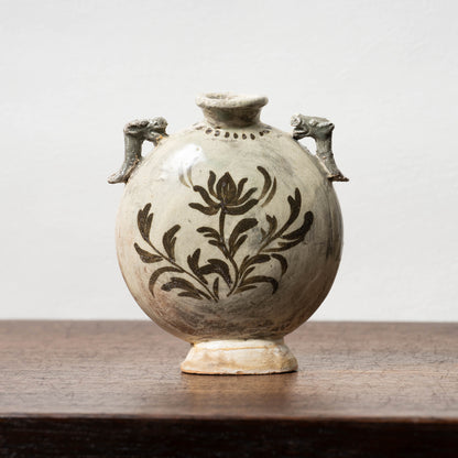 Joseon Dynasty Buncheong Ware Flat Jar with Iron Painted Peony Design