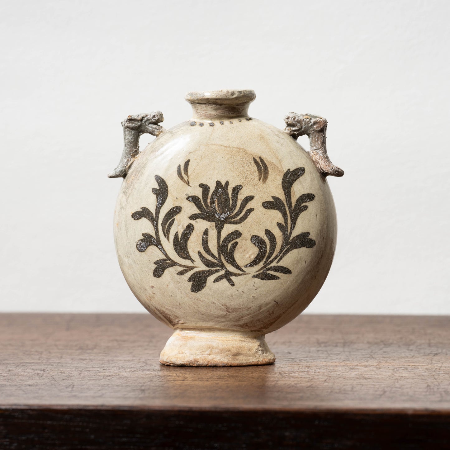 Joseon Dynasty Buncheong Ware Flat Jar with Iron Painted Peony Design