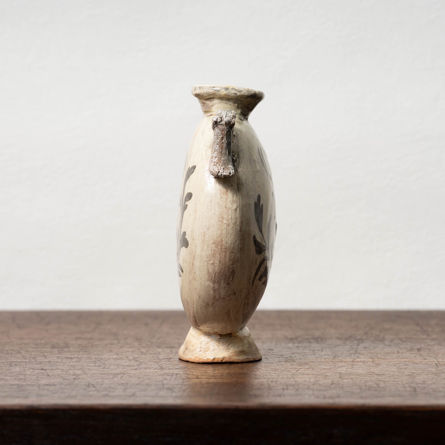 Joseon Dynasty Buncheong Ware Flat Jar with Iron Painted Peony Design