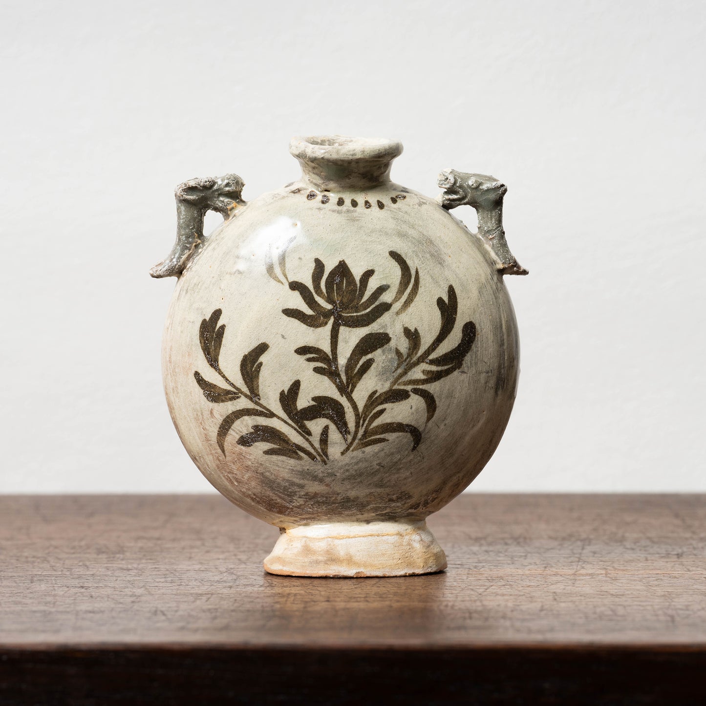 Joseon Dynasty Buncheong Ware Flat Jar with Iron Painted Peony Design