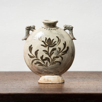 Joseon Dynasty Buncheong Ware Flat Jar with Iron Painted Peony Design