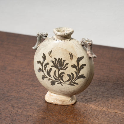 Joseon Dynasty Buncheong Ware Flat Jar with Iron Painted Peony Design