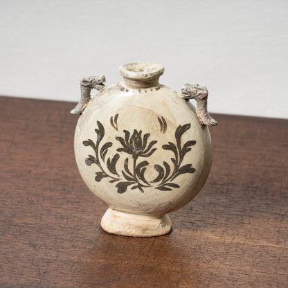 Joseon Dynasty Buncheong Ware Flat Jar with Iron Painted Peony Design