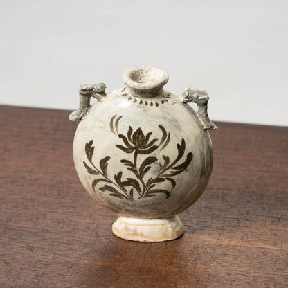 Joseon Dynasty Buncheong Ware Flat Jar with Iron Painted Peony Design