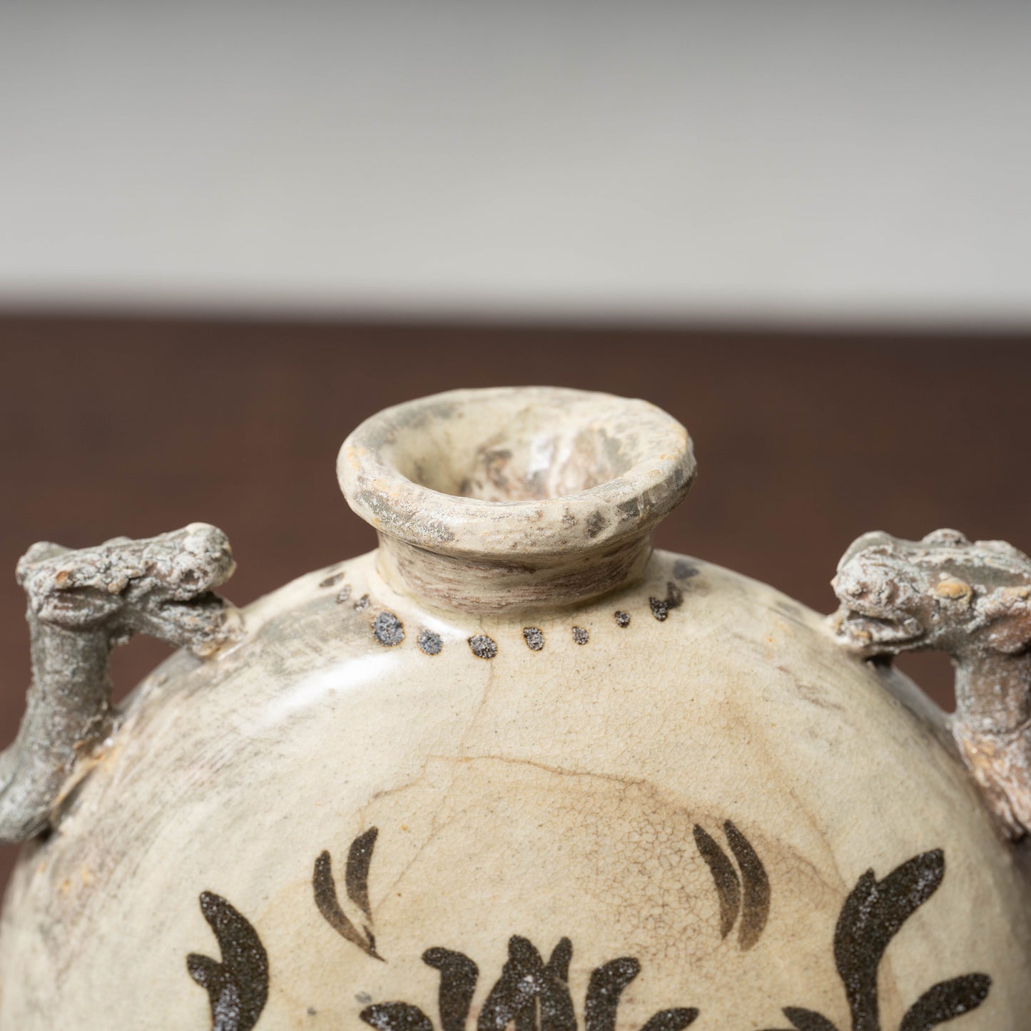 Joseon Dynasty Buncheong Ware Flat Jar with Iron Painted Peony Design