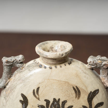Joseon Dynasty Buncheong Ware Flat Jar with Iron Painted Peony Design