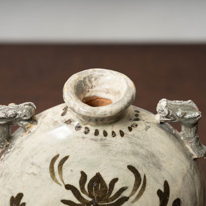 Joseon Dynasty Buncheong Ware Flat Jar with Iron Painted Peony Design