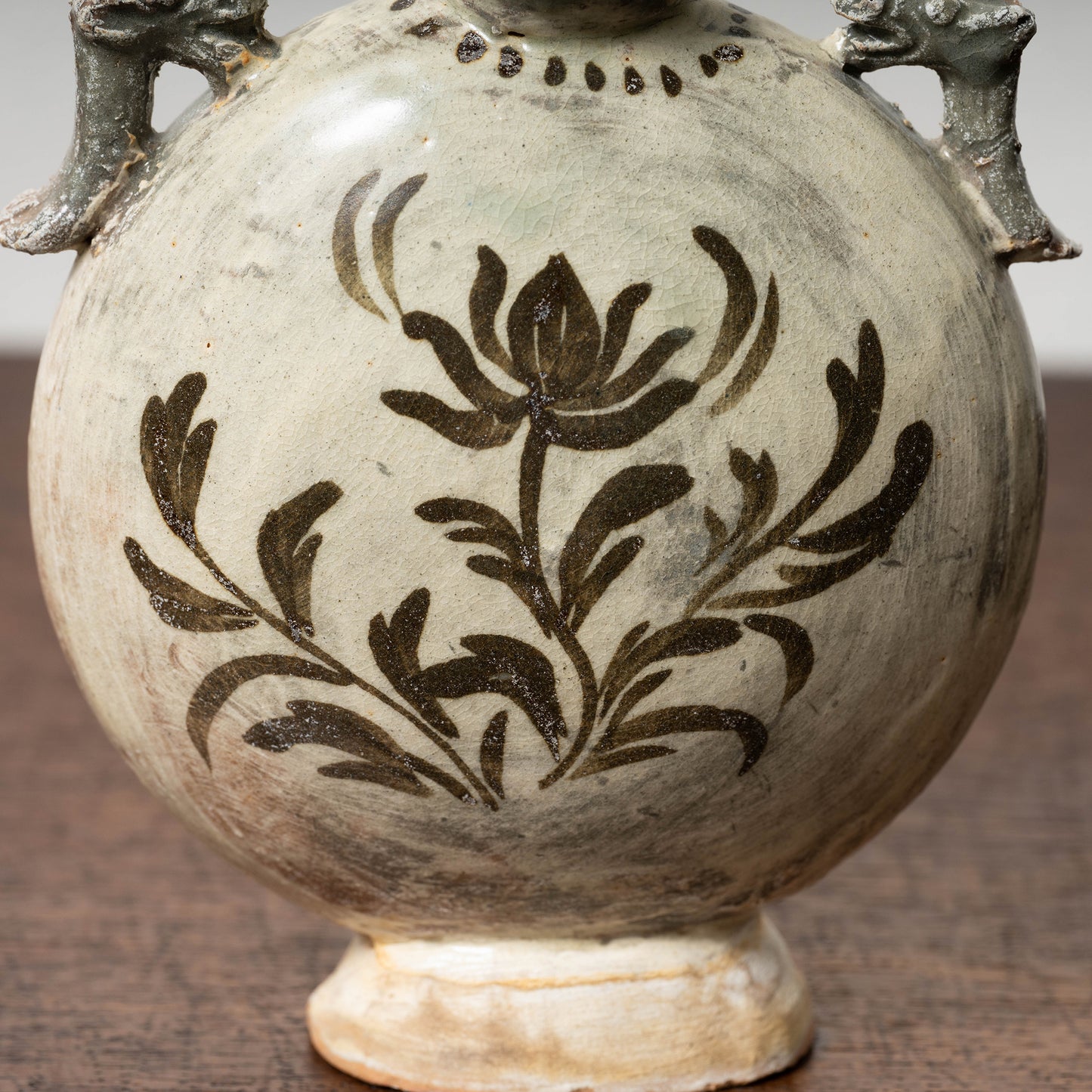 Joseon Dynasty Buncheong Ware Flat Jar with Iron Painted Peony Design