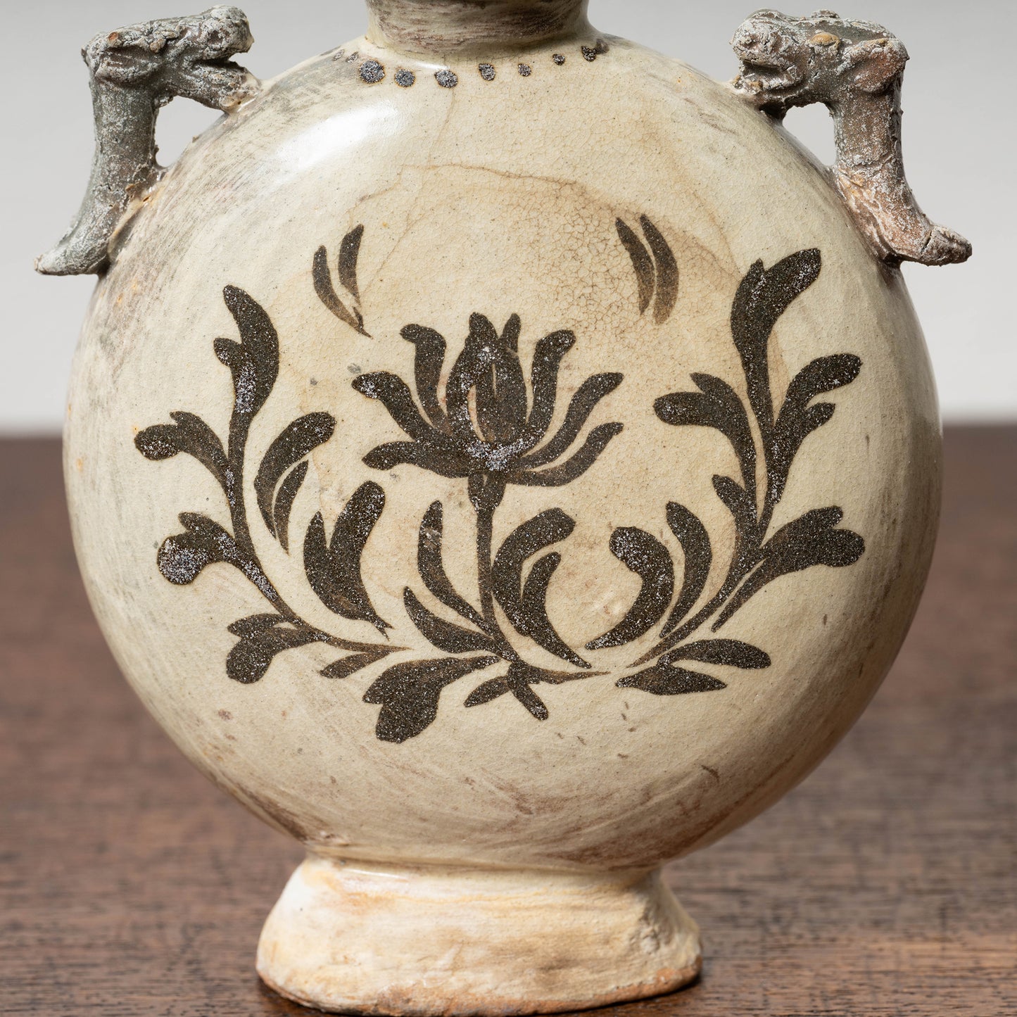 Joseon Dynasty Buncheong Ware Flat Jar with Iron Painted Peony Design