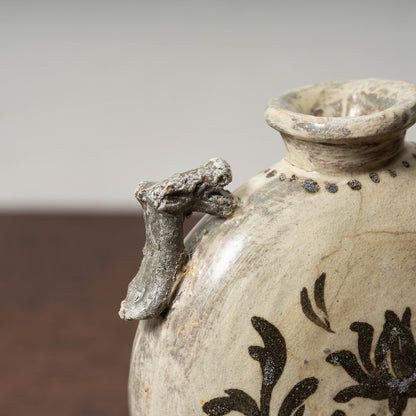 Joseon Dynasty Buncheong Ware Flat Jar with Iron Painted Peony Design