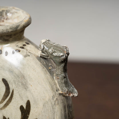 Joseon Dynasty Buncheong Ware Flat Jar with Iron Painted Peony Design