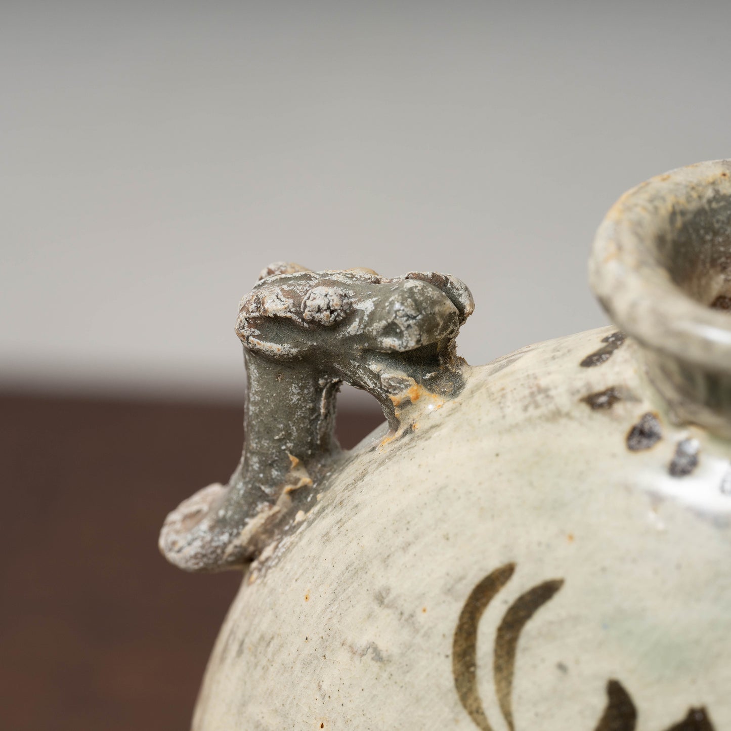 Joseon Dynasty Buncheong Ware Flat Jar with Iron Painted Peony Design