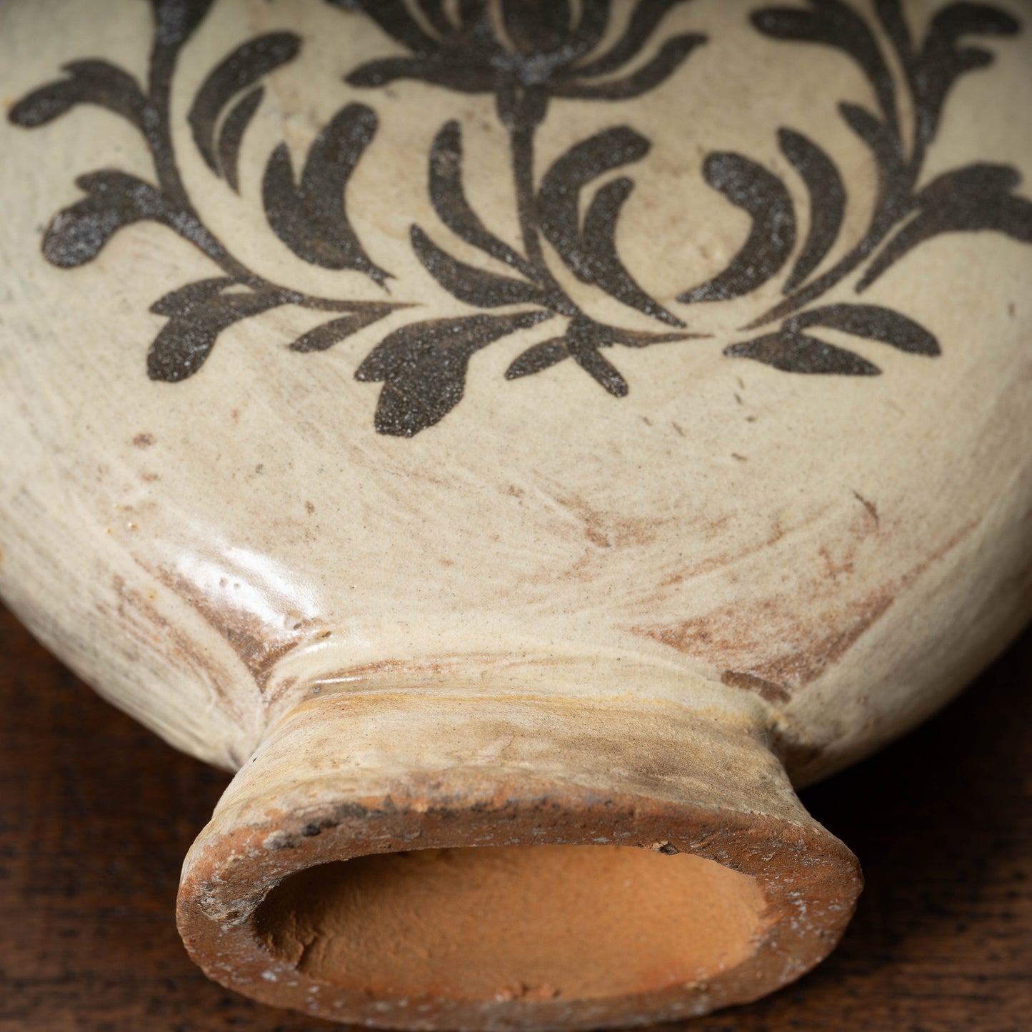 Joseon Dynasty Buncheong Ware Flat Jar with Iron Painted Peony Design