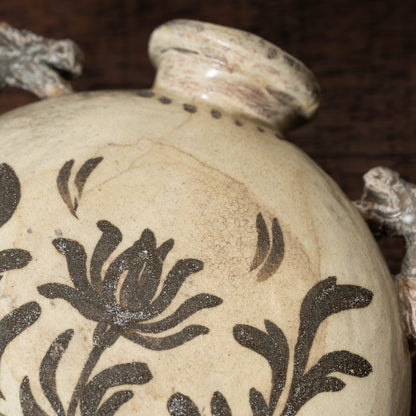 Joseon Dynasty Buncheong Ware Flat Jar with Iron Painted Peony Design