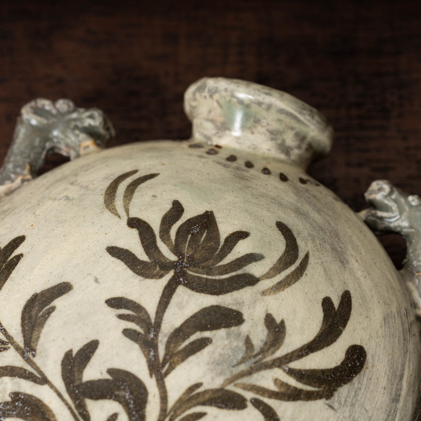 Joseon Dynasty Buncheong Ware Flat Jar with Iron Painted Peony Design