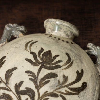 Joseon Dynasty Buncheong Ware Flat Jar with Iron Painted Peony Design