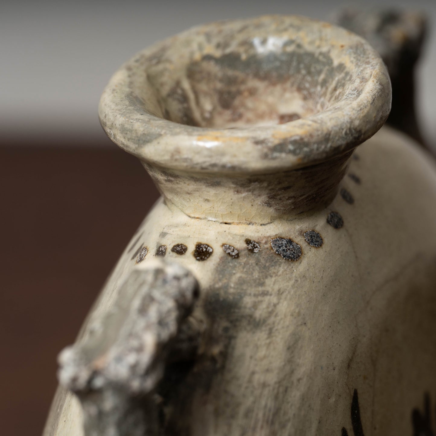 Joseon Dynasty Buncheong Ware Flat Jar with Iron Painted Peony Design