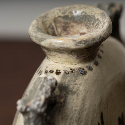 Joseon Dynasty Buncheong Ware Flat Jar with Iron Painted Peony Design