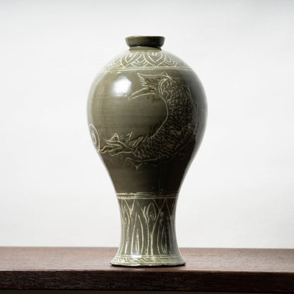 Goryeo Dynasty Celadon Mei-ping Vase with Inlaid Fish-Dragon Design