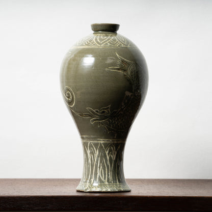 Goryeo Dynasty Celadon Mei-ping Vase with Inlaid Fish-Dragon Design