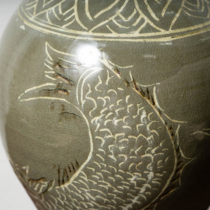 Goryeo Dynasty Celadon Mei-ping Vase with Inlaid Fish-Dragon Design