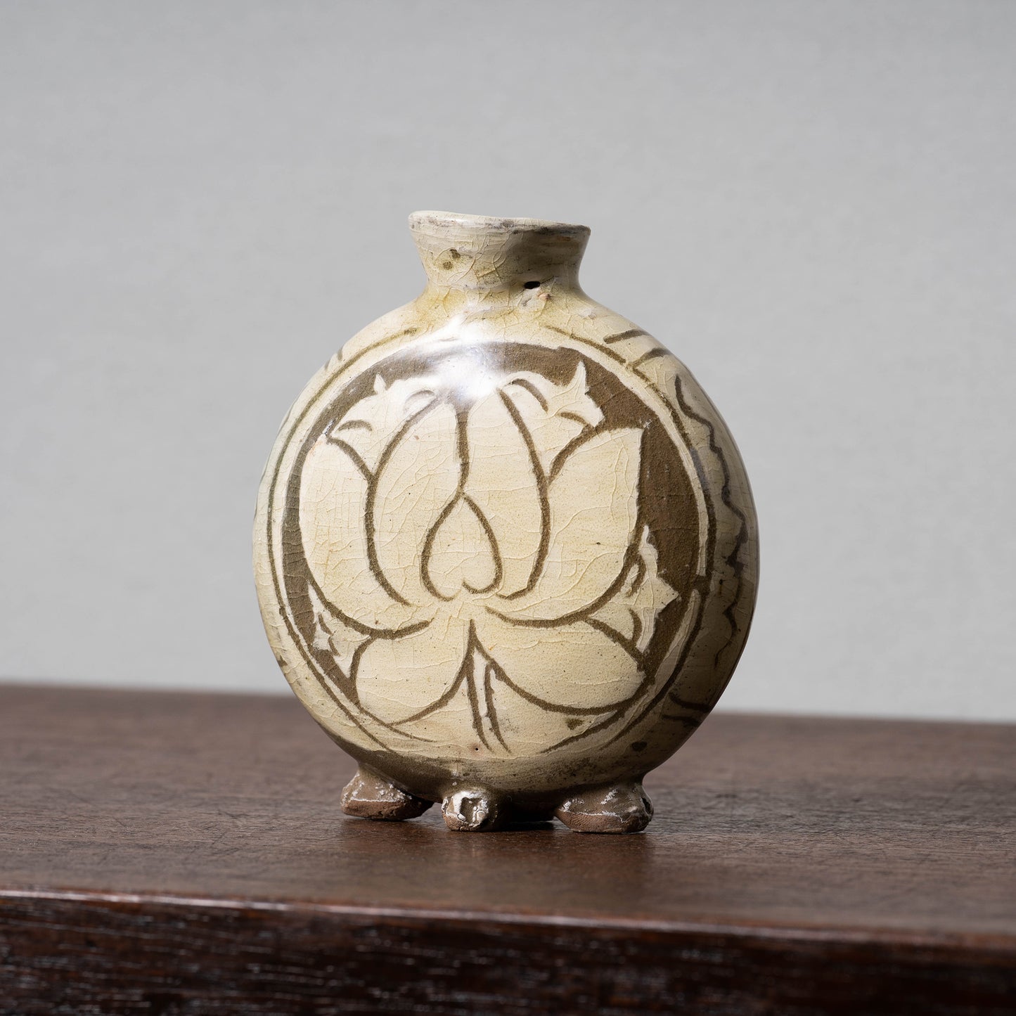 Goryeo Dynasty Buncheong Ware Flat Jar with Lotus Design
