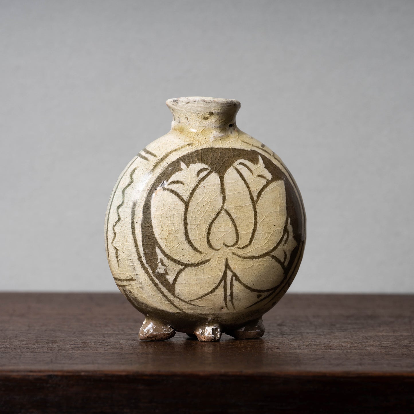 Goryeo Dynasty Buncheong Ware Flat Jar with Lotus Design