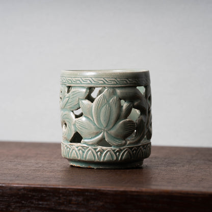 Goryeo Celadon Brush Stand with Lotus Scroll Decoration in Openwork