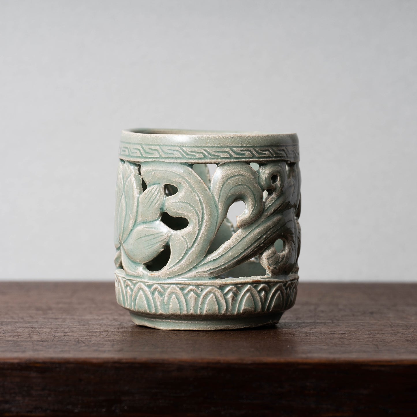 Goryeo Celadon Brush Stand with Lotus Scroll Decoration in Openwork