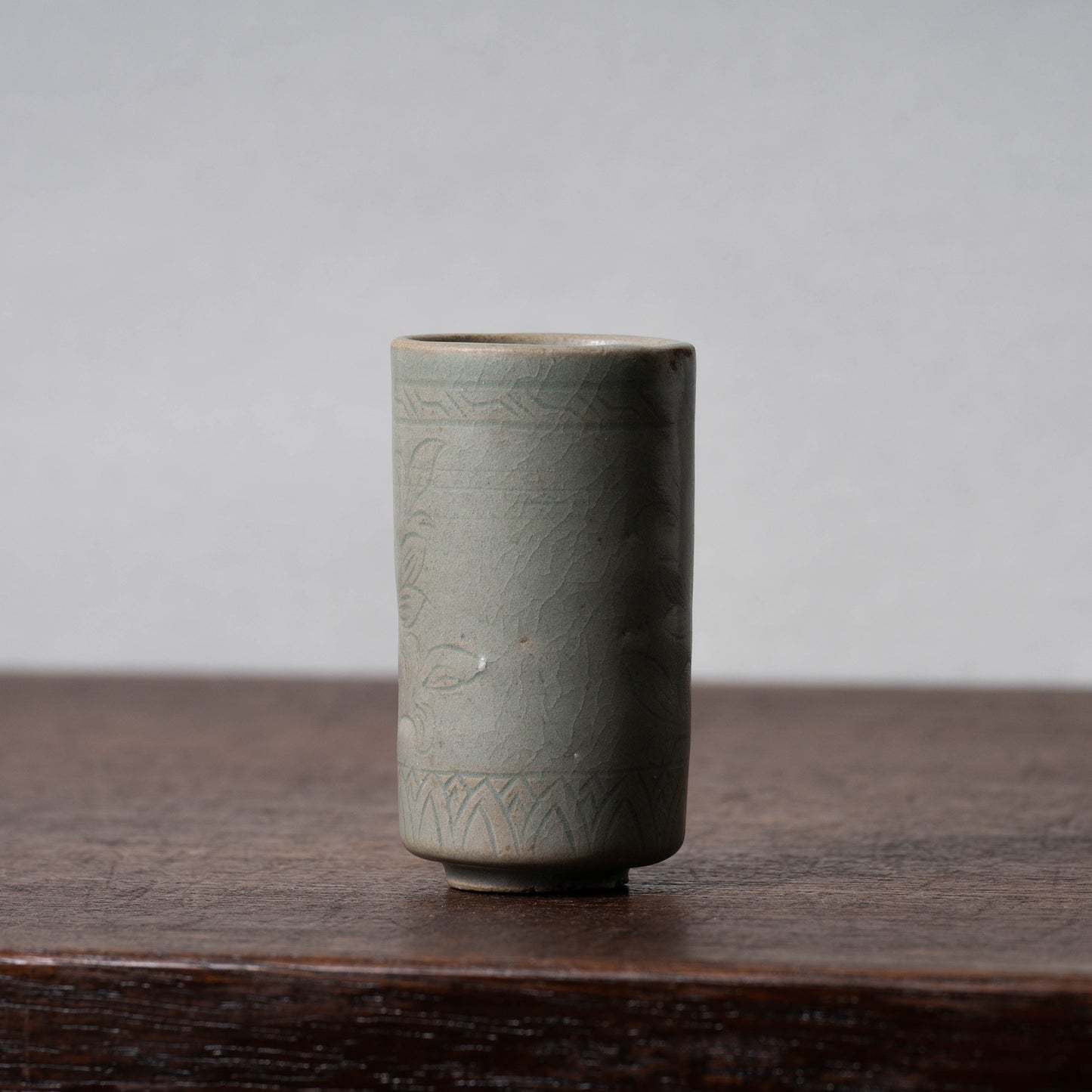 Goryeo Dynasty Celadon Cylindrical Cup with Carved Lotus Design