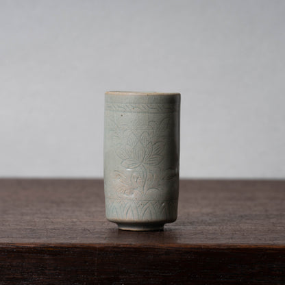 Goryeo Dynasty Celadon Cylindrical Cup with Carved Lotus Design